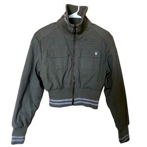 Playboy Crop Puffer Bomber Jacket Army Green Y2K 2000s